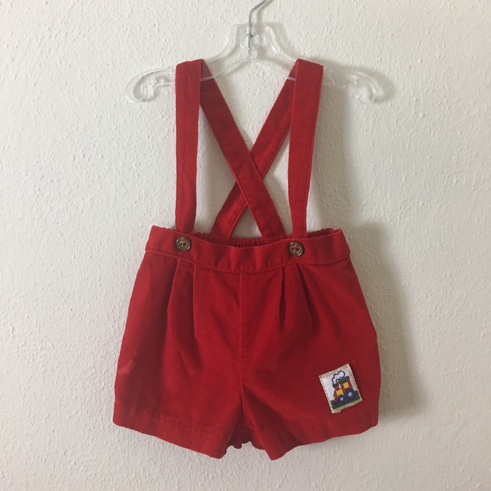 Vintage Red Velveteen Train Romper Shortalls
